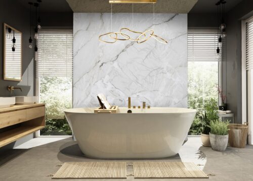 Modern bathroom with freestanding tub and marble